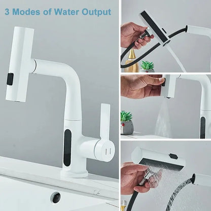 Temperature Display Bathroom Basin Faucet – LED Digital, Pull-Out Sprayer with 3-Way Waterfall Stream - Loovy # 