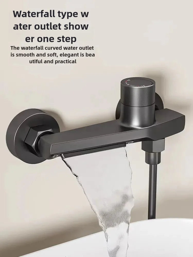 Wall-Mounted Waterfall Bathtub Faucet with Hand Shower – Gray Chrome Finish - Loovy # 