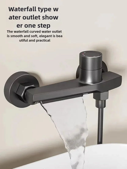 Wall-Mounted Waterfall Bathtub Faucet with Hand Shower – Gray Chrome Finish - Loovy # 