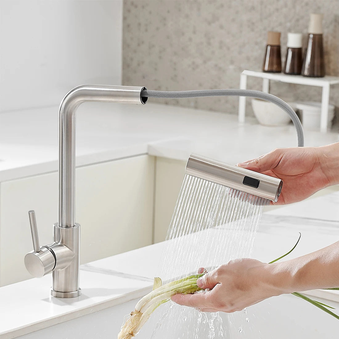 304 Stainless Steel Pull-Out Kitchen Faucet – Waterfall Hot and Cold Mixed Water Sink Tap, Multi-Function Rinse, Rotate - Loovy # 
