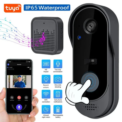 Tuya Smart Wireless Video Doorbell – HD Camera, 2-Way Audio, Night Vision, IP65 Waterproof, 2.4GHz WiFi