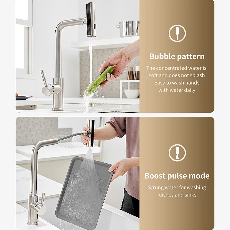 304 Stainless Steel Pull-Out Kitchen Faucet – Waterfall Hot and Cold Mixed Water Sink Tap, Multi-Function Rinse, Rotate - Loovy # 