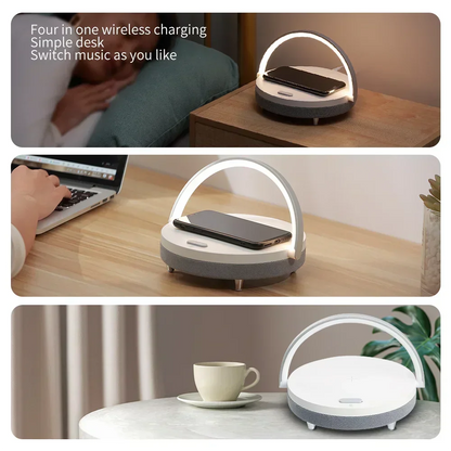 Multifunction Wireless Charger with Bluetooth Speaker & Wooden Table Lamp - Loovy # 