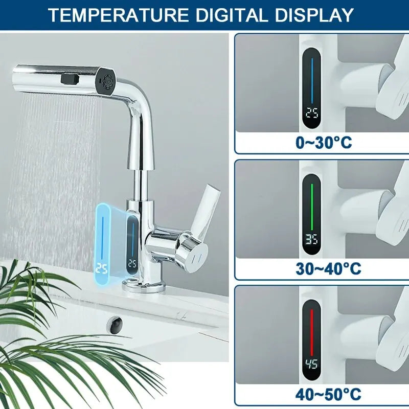 Temperature Display Bathroom Basin Faucet – LED Digital, Pull-Out Sprayer with 3-Way Waterfall Stream - Loovy # 