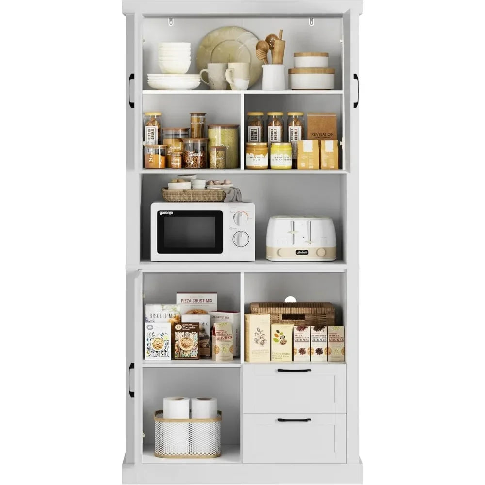 76" Tall Farmhouse Kitchen Pantry Cabinet - Storage with Drawers & Shelves - Loovy # 