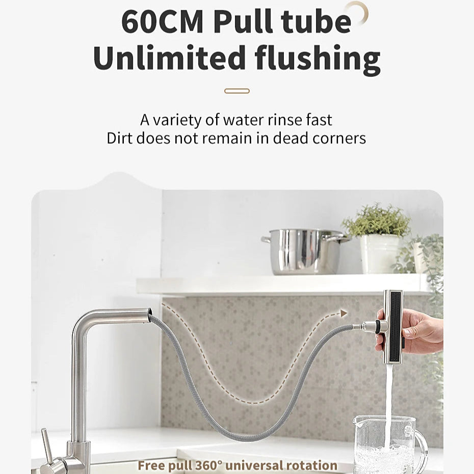 304 Stainless Steel Pull-Out Kitchen Faucet – Waterfall Hot and Cold Mixed Water Sink Tap, Multi-Function Rinse, Rotate - Loovy # 