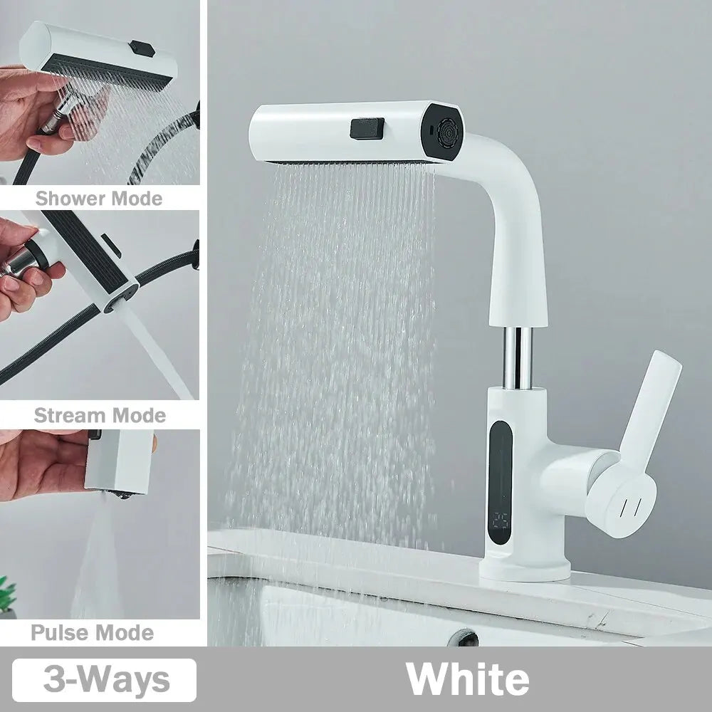 Temperature Display Bathroom Basin Faucet – LED Digital, Pull-Out Sprayer with 3-Way Waterfall Stream - Loovy # 