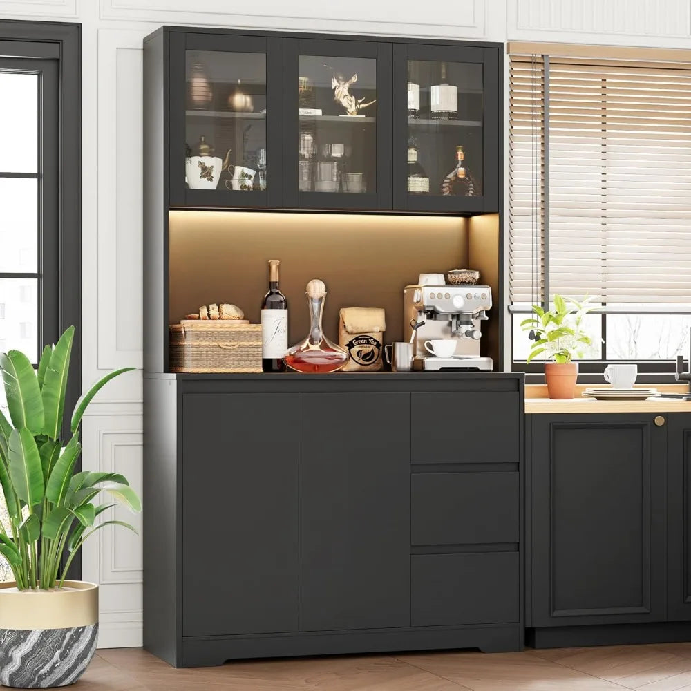 Modern Kitchen Pantry Cabinet with LED Lights & Charging Station - Black - Loovy # 