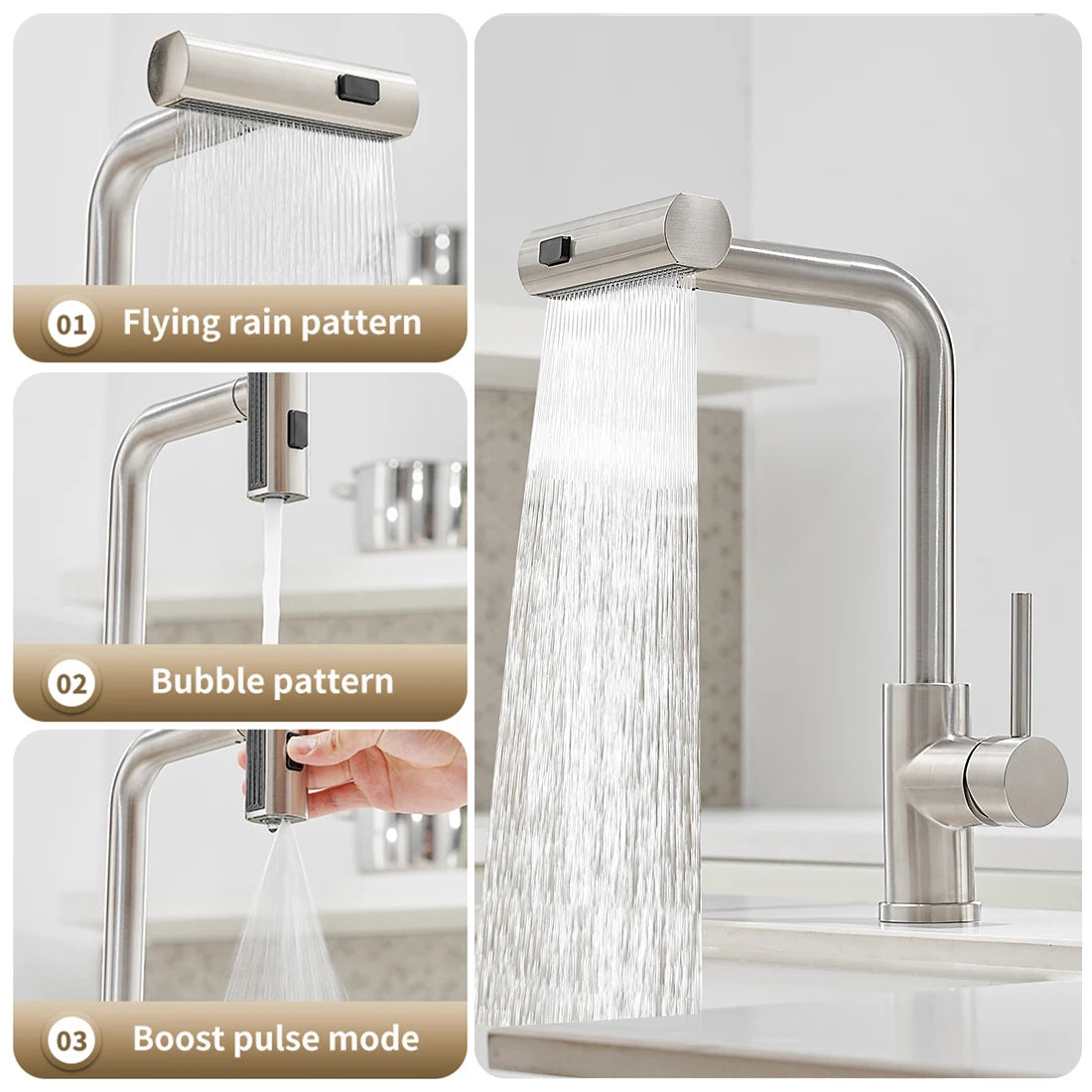 304 Stainless Steel Pull-Out Kitchen Faucet – Waterfall Hot and Cold Mixed Water Sink Tap, Multi-Function Rinse, Rotate - Loovy # 