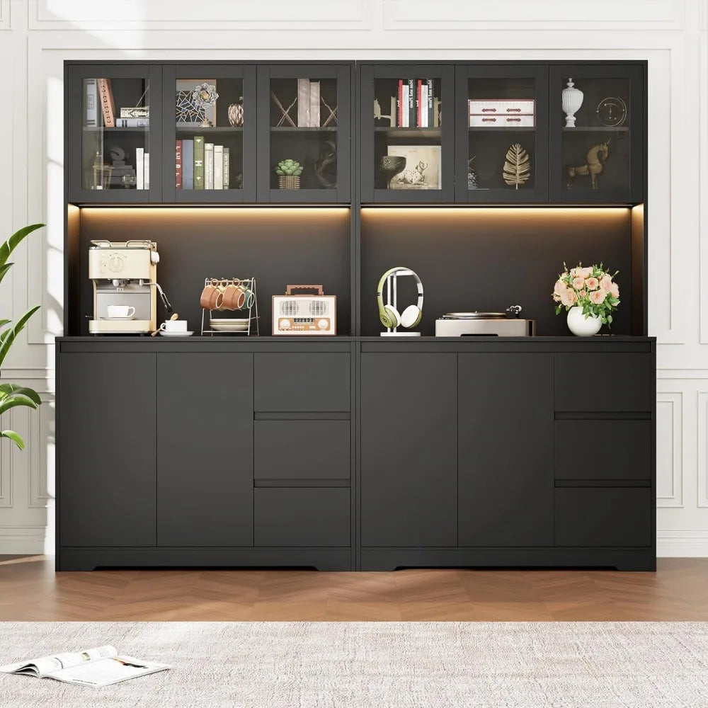 Modern Kitchen Pantry Cabinet with LED Lights & Charging Station - Black - Loovy # 