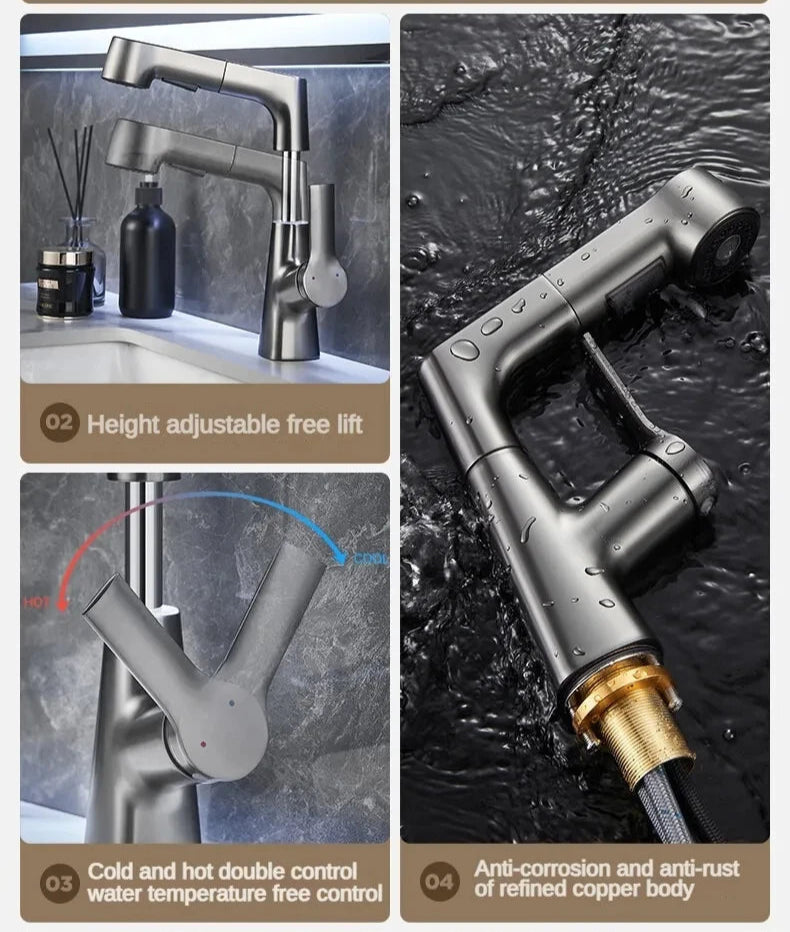 360-Degree Rotating Pull-Out Bathroom Faucet with Hot and Cold Water Control - Loovy # 