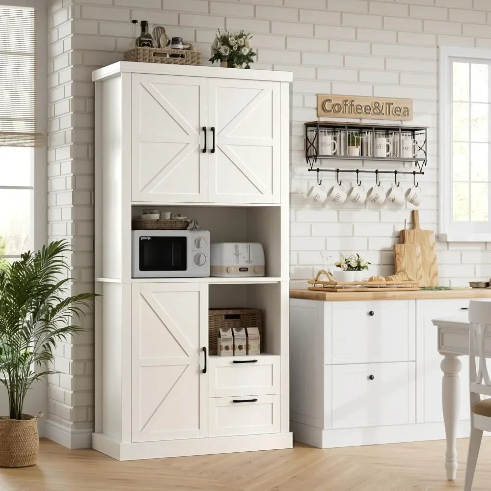 76" Tall Farmhouse Kitchen Pantry Cabinet - Storage with Drawers & Shelves - Loovy # 