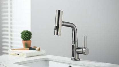Temperature Display Bathroom Basin Faucet – LED Digital, Pull-Out Sprayer with 3-Way Waterfall Stream